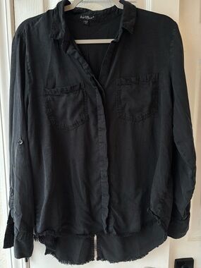 XL Velvet Heart Black Long Sleeve Button Up Shirt Raw Edge Button Up High Low